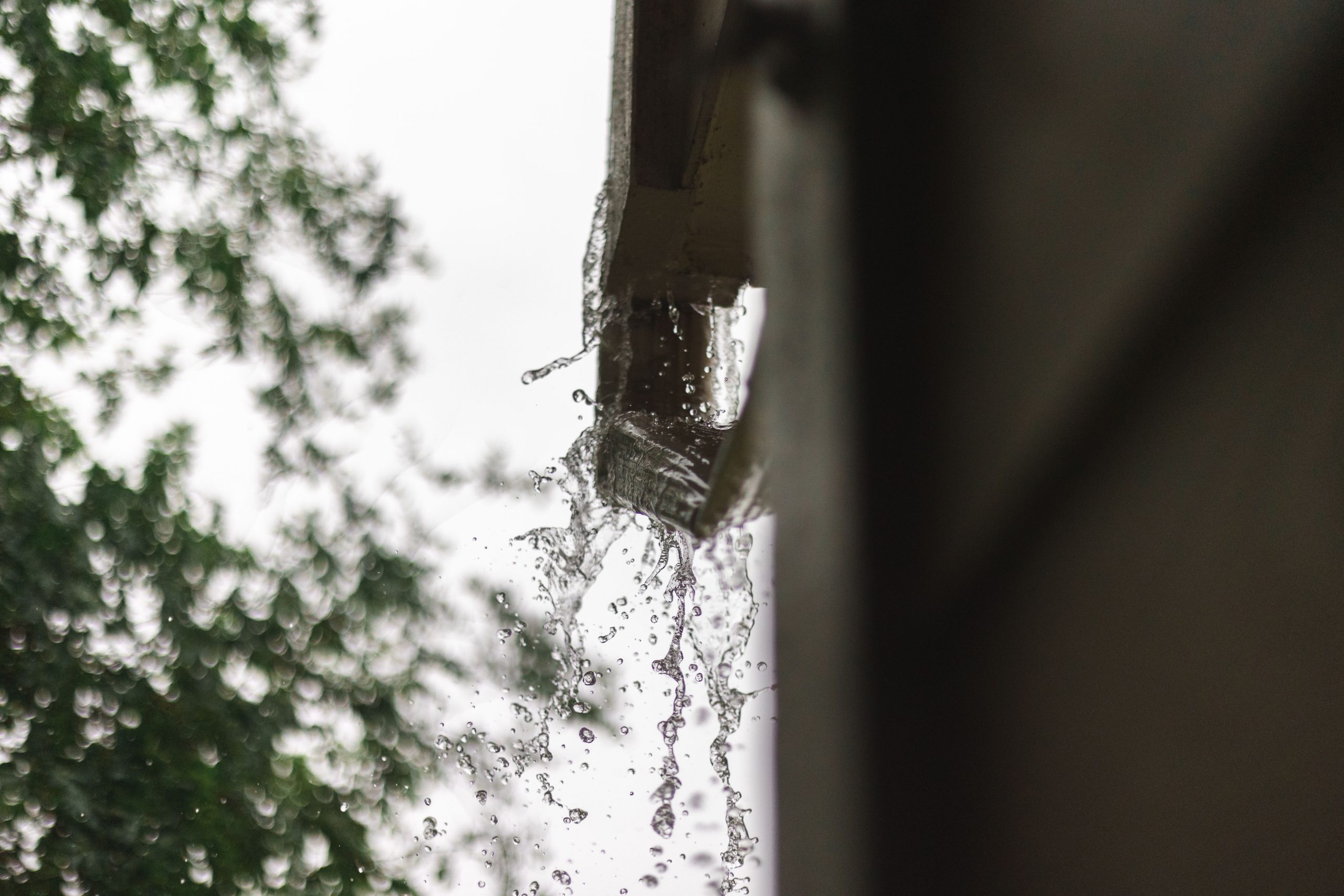 Close-up of rainwater pouring from a gutter during a rainfall
